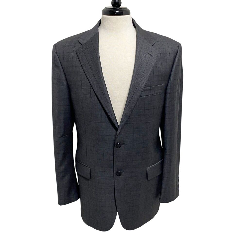 Hickey Freeman Wool Blazer Mens 40R Gray Windowpane Two Button Lined
